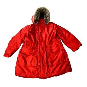 Lands End Heavy Coat Red Down Insulated Parka With Faux Fur Trim Hood 2X